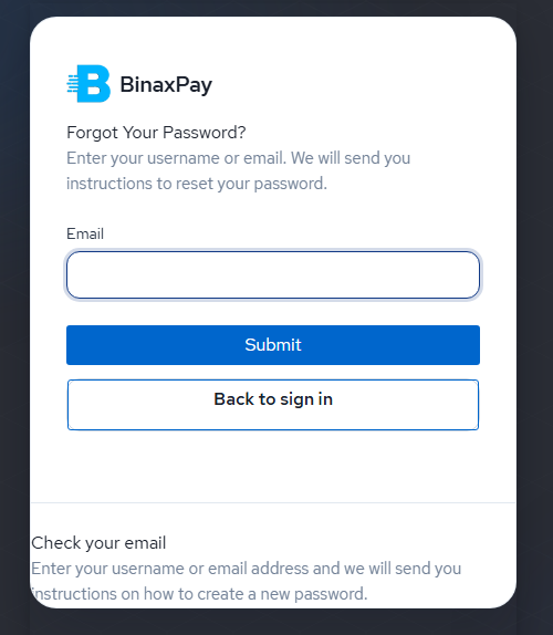 BinaxPay reset password screen