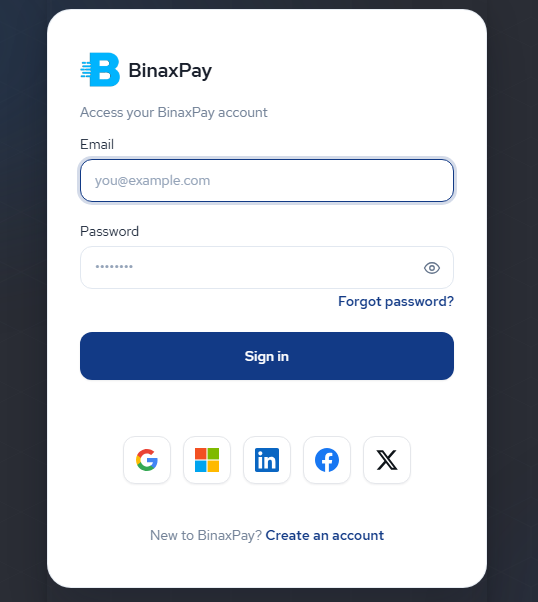 BinaxPay sign in screen