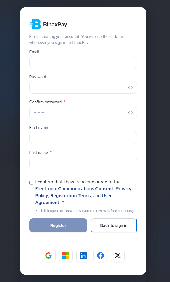 BinaxPay create account screen