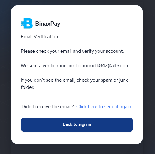 BinaxPay email verification screen
